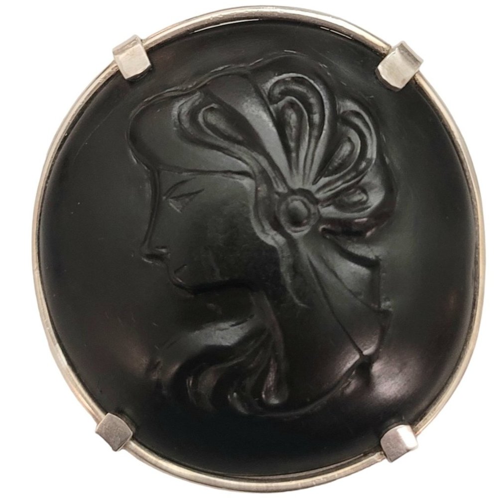 Sterling Silver Jet Carved Round Cameo Brooch, Signed Nina E181